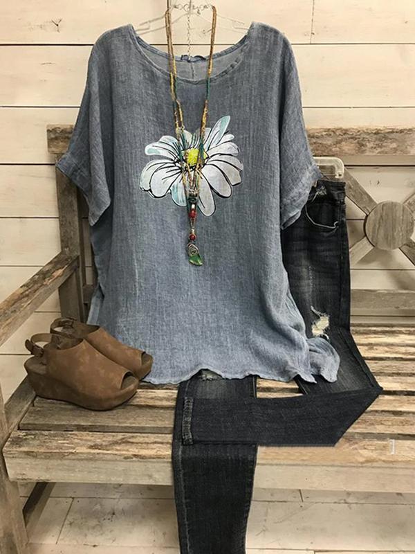 Floral Casual Round Neckline Half Sleeve Blouses