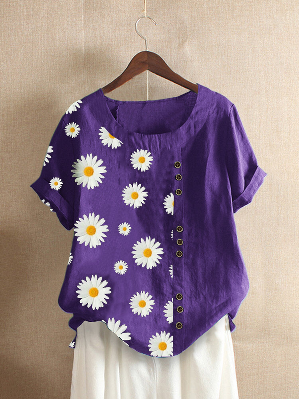 Floral Print Patched Short Sleeve O-Neck T-shirt